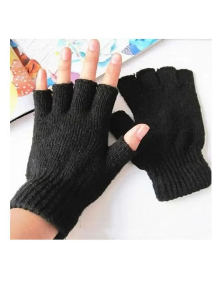 Half Fingers Wool Winter Gloves Black