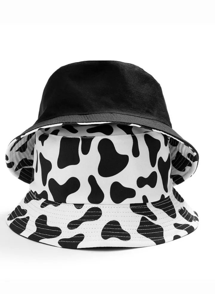 Double face foldable casual cow pattern sun unisex bucket travel hat