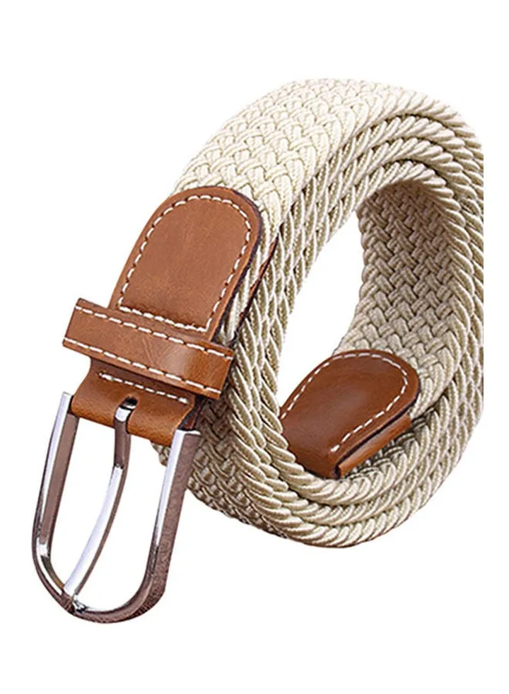 Men's Women's Canvas Plain Webbing Metal Buckle Woven Stretch Waist Belt Strap Beige