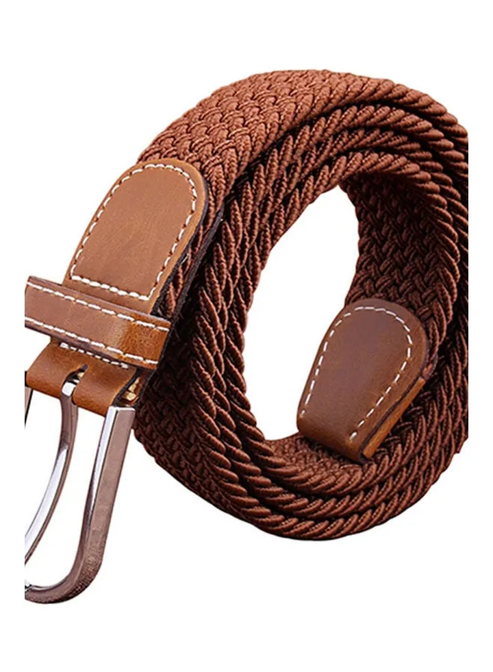 Men's Women's Canvas Plain Webbing Metal Buckle Woven Stretch Waist Belt Strap Brown