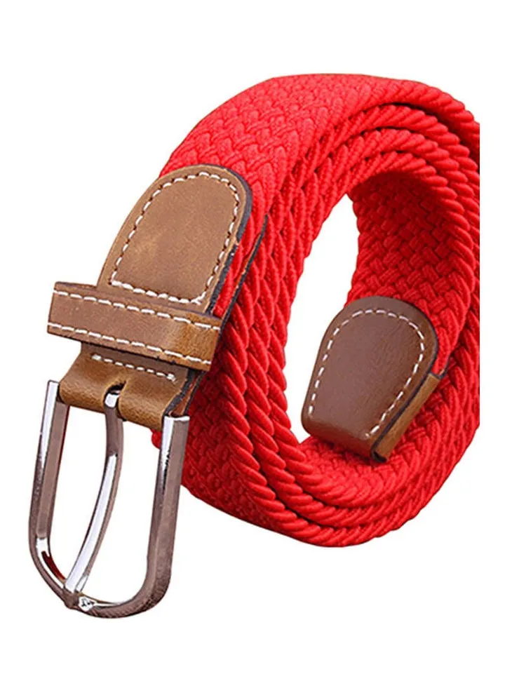 Men's Women's Canvas Plain Webbing Metal Buckle Woven Stretch Waist Belt Strap Red
