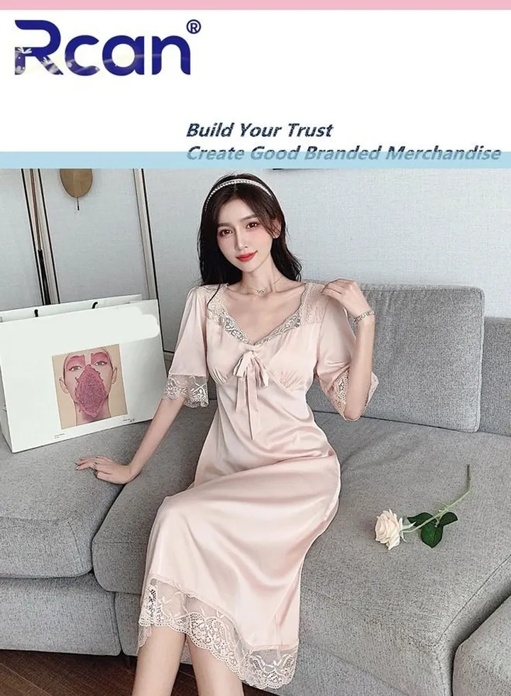 Fashion French Retro Princess Style Pajamas with Chest Pad V Neck Short Sleeve Dress Soft Satin Sleepwear Nightdress Loungewear Skirt Plus Size for Women