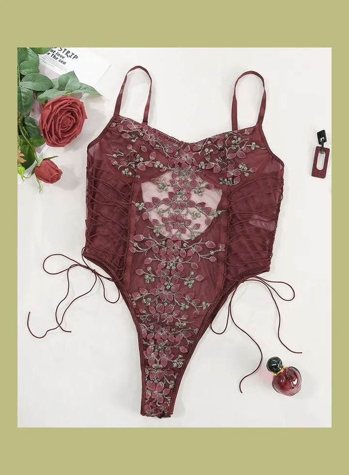Lace Detail Floral Design Shapewear Wine Red