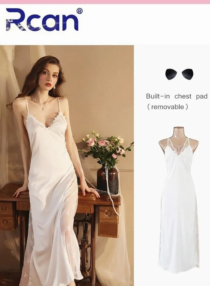 Fashion French Style Palace Embroidered Jacquard Lingerie For Women's Home Underwear Soft Satin Backless Sling Ladies Boudoir Dress V Neck Sleepwear Plus Size Nightdress Cute Babydoll
