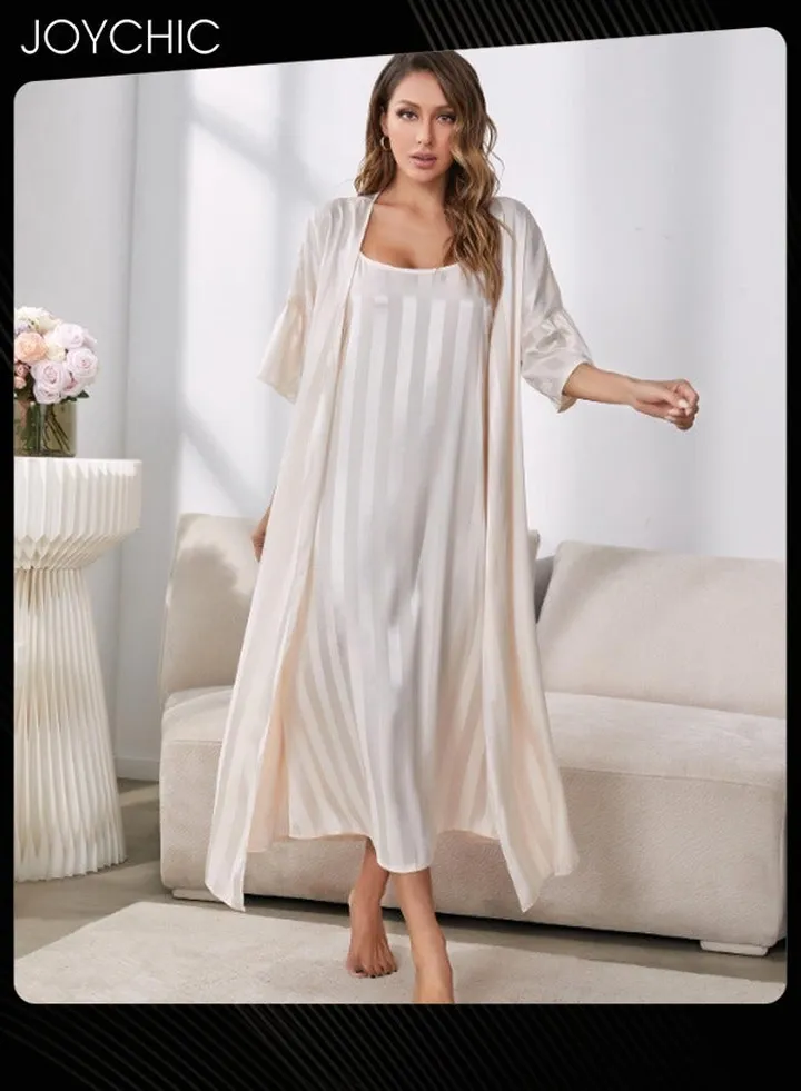 2-piece Women Pajamas Set Sleep Robe+Suspender Night Dress Female Ice Silk Long Sleeves Nightgown Home Clothes Champagne