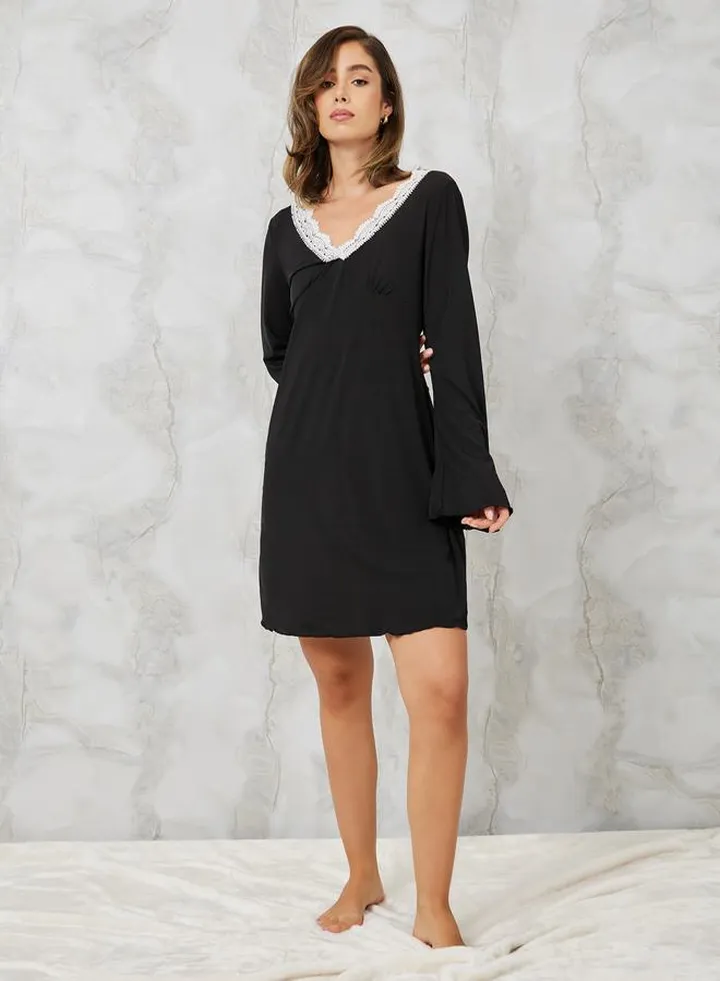 Lace Detail Lettuce Hem Long Sleeve Sleep T-Shirt Dress