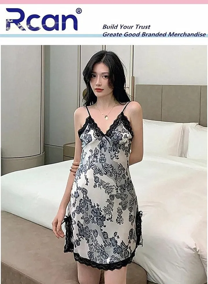 Comfortable Delicate Floral Pattern Nightdress Breathable Slit Silk Skirt for Girls Women Home Pajamas Removable Chest Pad Summer Spring Slip Dress Homewear