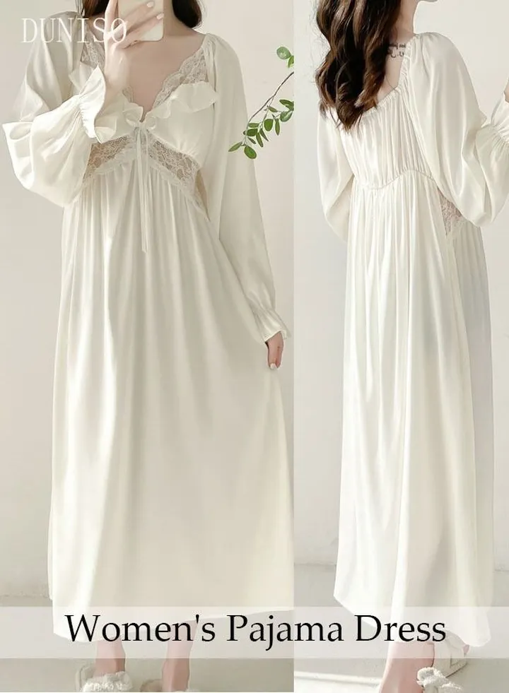 Women's Lace Long Sleeve Nightgown Sweet Silk Pajama Dress Sleepwear Girls Comfortable V Neck Nightwear Summer Home Wear Lounge Dress