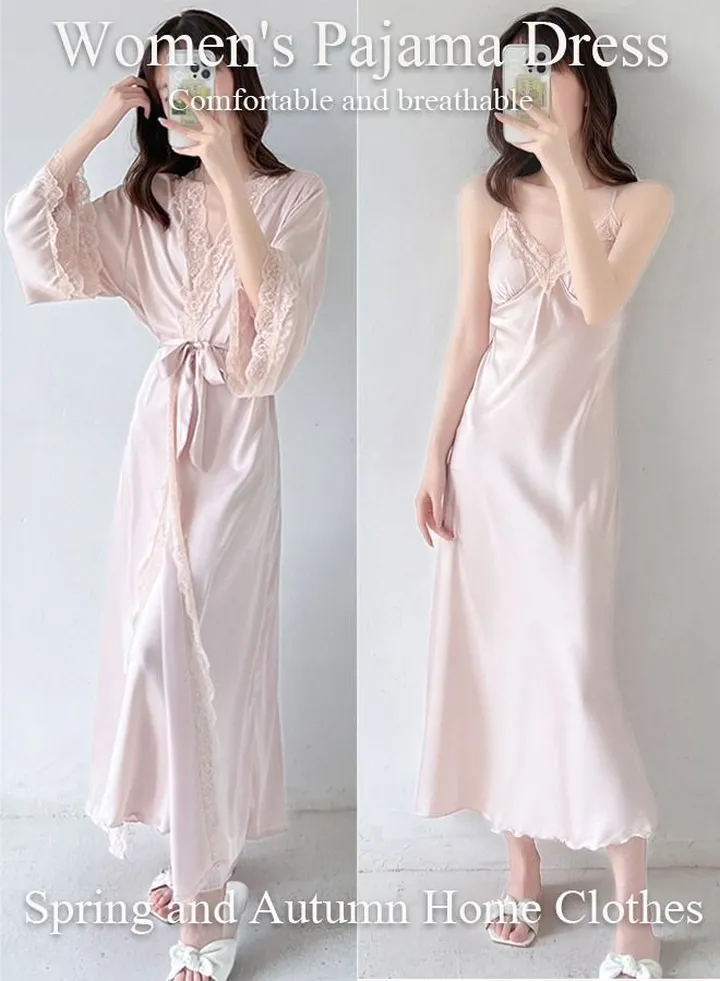 2PCS Women's Satin Nightgown with Robes Set Sweet Pajama Dress Ice Silk Sling Lace Nightdress Long Sleeve Robe Loungewear with Pad and Belt Female Soft Sleepwear Home Wear