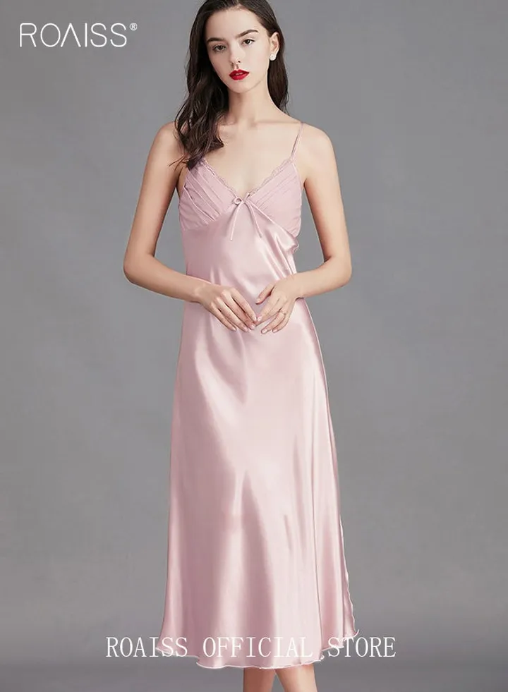 Women V-neck Lace Nightdress Long Silk Suspender Dress Solid Loungewear Textured Sleepwear Pajamas Ladies Satin Loose Nightgown Female Loungewear Pink