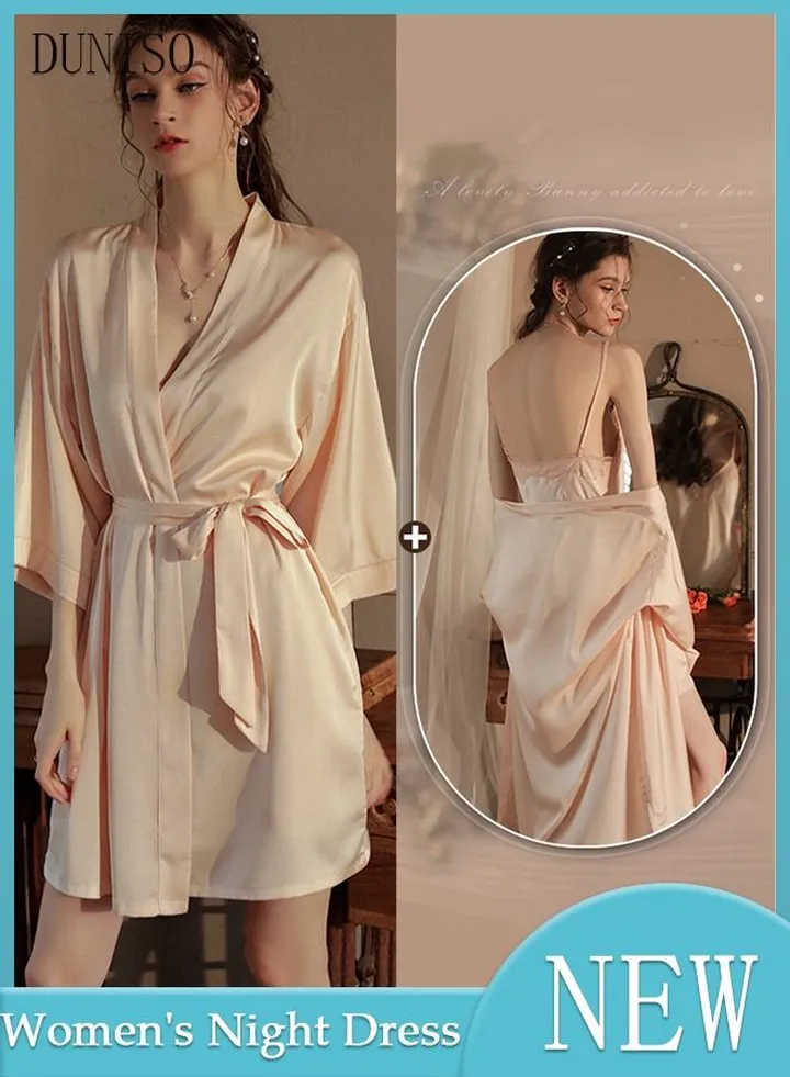 3-piece Women's Night Dress Set with Robe Waistband Sweet Silky Nightgown Lace V Neck Pajama Dress Sleepwear Girls Comfortable Nightwear Summer Home Wear Lounge Dress