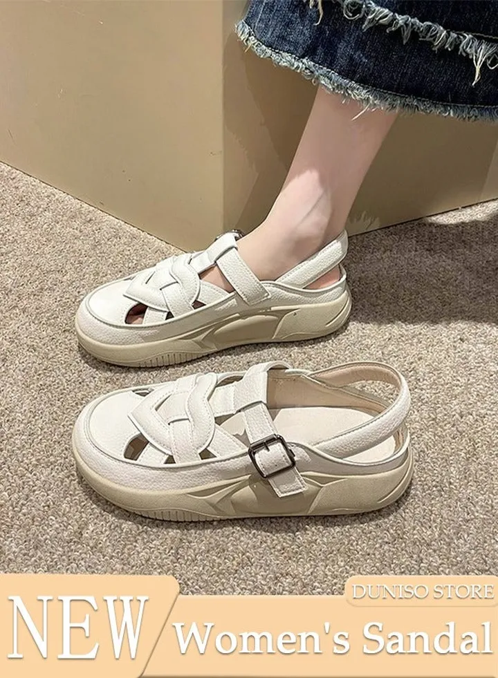 Women's Sandals Fashion Leather Flat Sandals Thick-soled Shoes Comfortable Walking Sandal, Women's Summer Breathable Shoes for Travel Work School Beach
