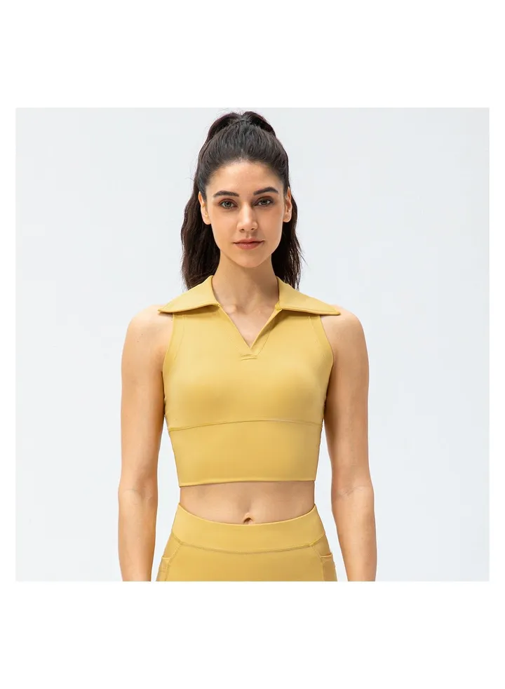 Spring and summer new female lapel tight yoga vest high waist fitness running sports vest top.