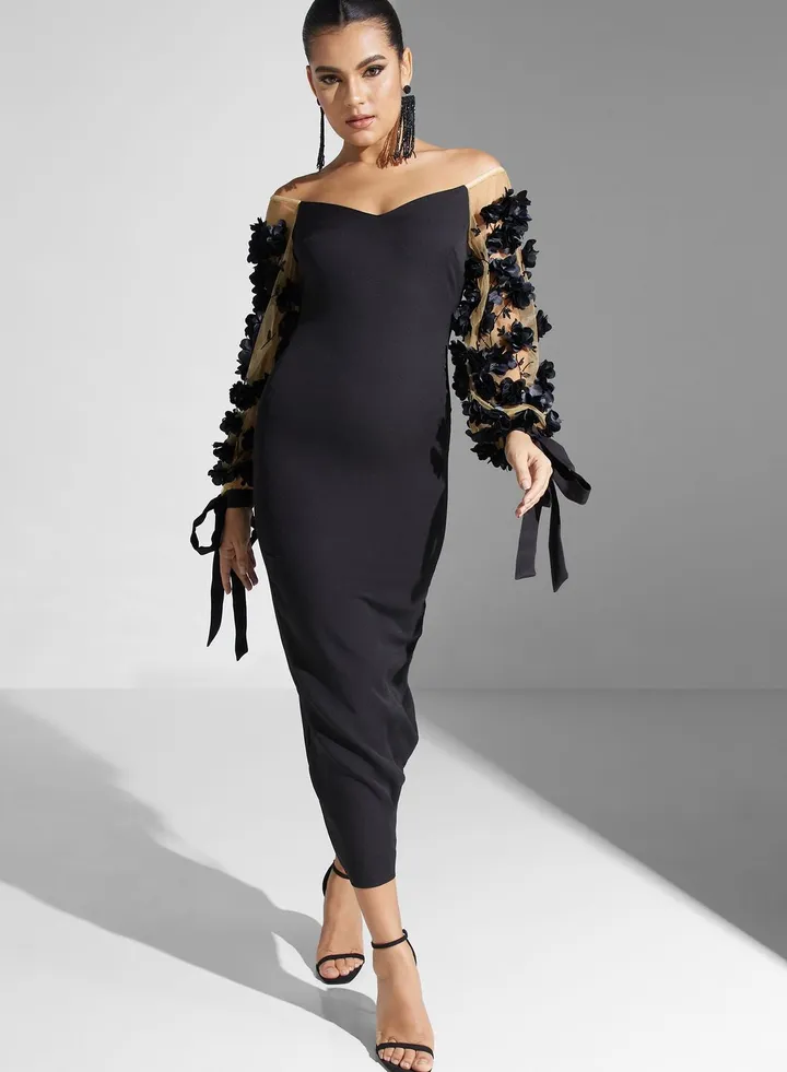 Floral Applique Sleeve Bardot Dress