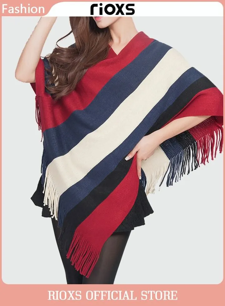 Womens Batwing Sleeve Striped Knitted Pullover Jacket Cape Sweater Coat Large Size Plus Size