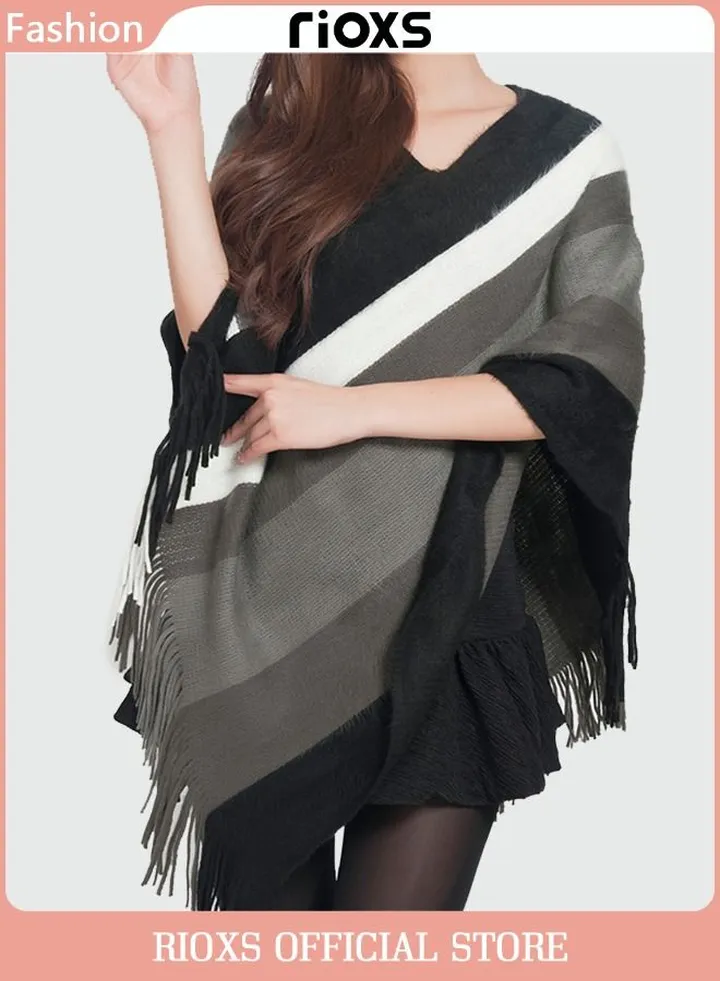 Womens Batwing Sleeve Striped Knitted Pullover Jacket Cape Sweater Coat Large Size Plus Size