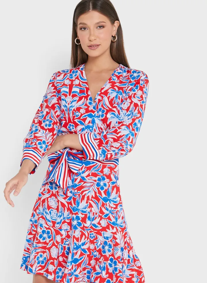 Wrap Neck Tie Detail Printed Dress
