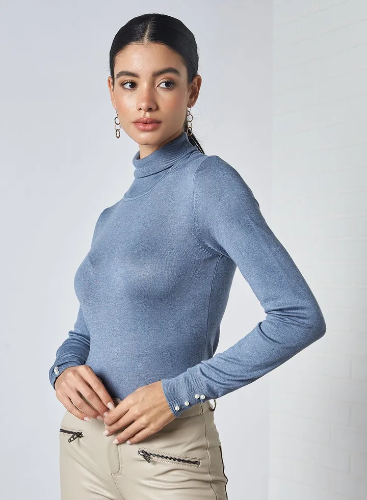 Solid Textured Long Sleeves Pullover Blue Melange As Swatch