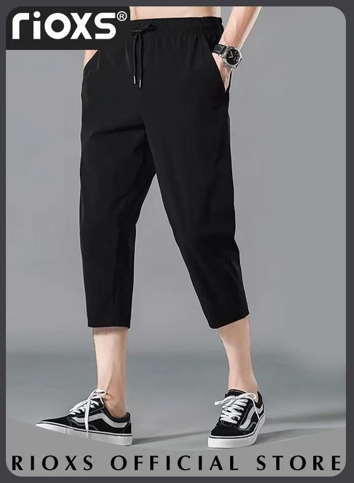 Men's Summer Ice Silk 3/4 Capri Pants Casual Thin Loose Sports Shorts Quick Dry Breathable Outdoor Trousers With Side Pockets