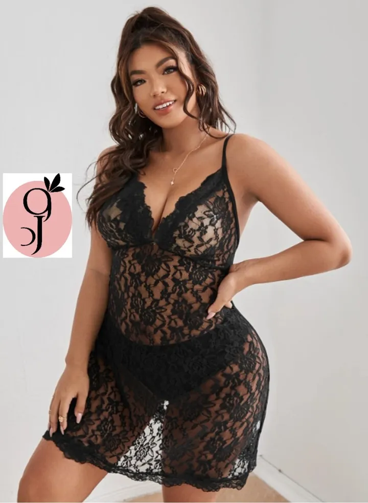 Midi black lace lingerie nightgown for women