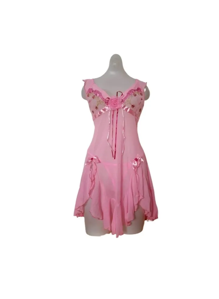 Elegant Women's Lingerie Nightgown - Tulle + Lace Material - Babydoll Rose
