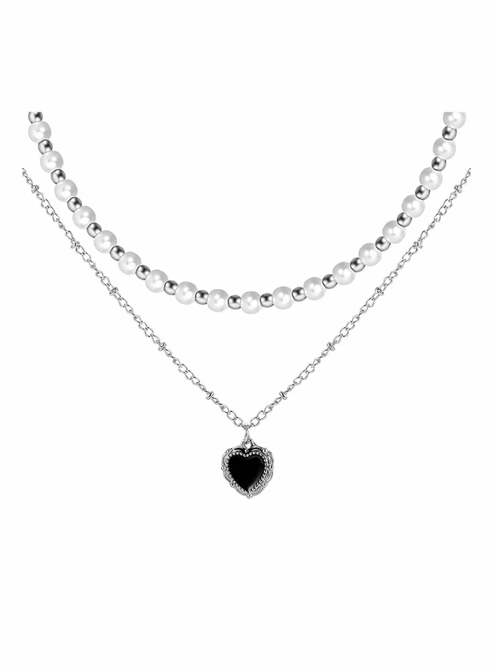 Double Pearl Necklaces, Black Love & Beaded Pearl Double Layered Necklace, Costume Jewellery for Women, Elegant Lady Artificial Pearls Chain Beaded Necklace, Fashion Necklace Clavicle Chain