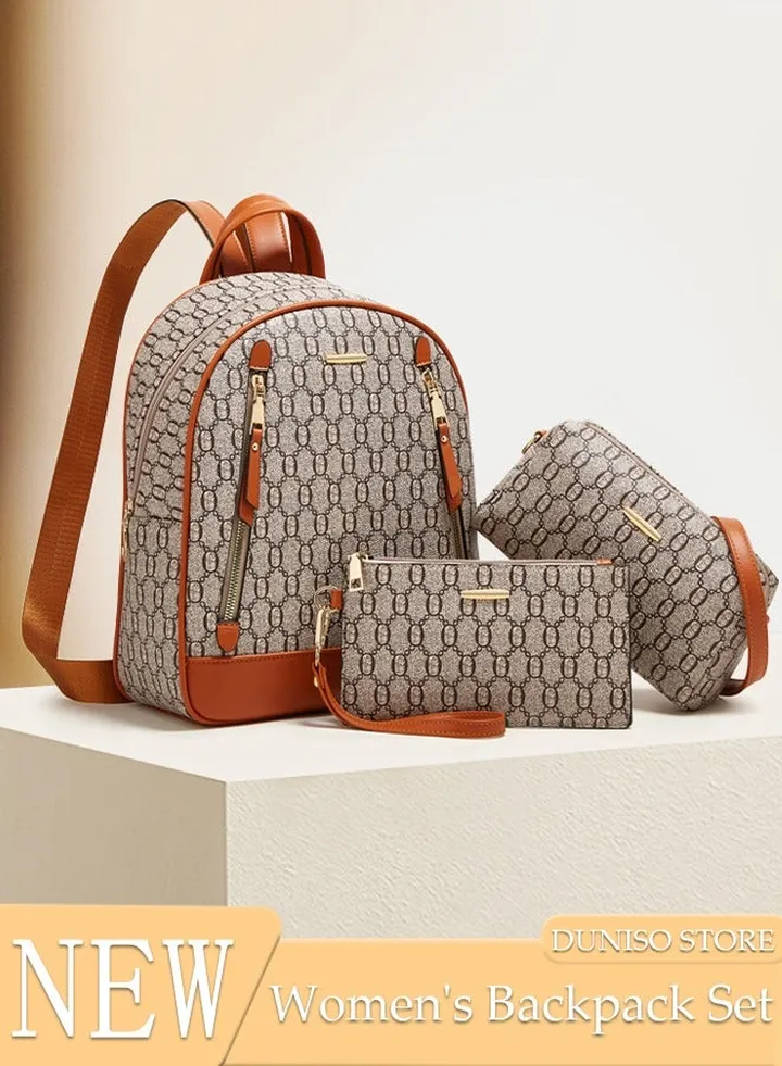 3PCS Women's Fashion Backpack Faux Leather Hand Bag Purse and Wallet Set for Women Large Capacity Shoulder Satchel Bags Fashionable Travel Crossbody Bag Clutch Bag for Ladies