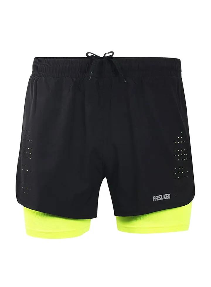 2-In-1 Breathable Running Shorts Green Black/Neon Green