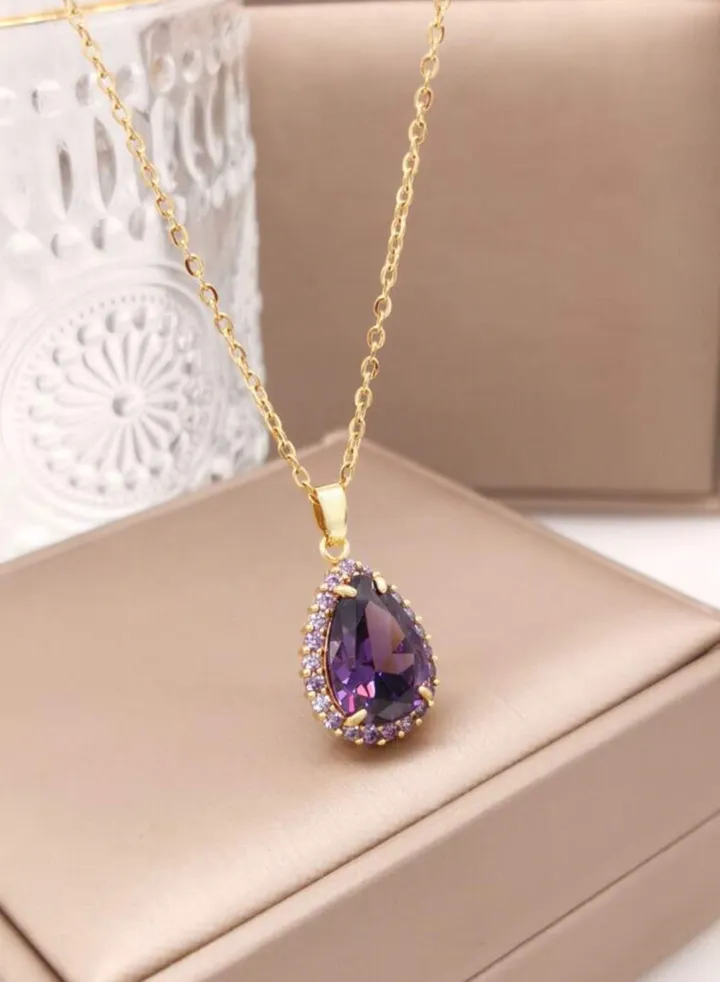 Elegant Stainless Steel Gold Plated Necklace Inlaid With Amethyst Stone For Women