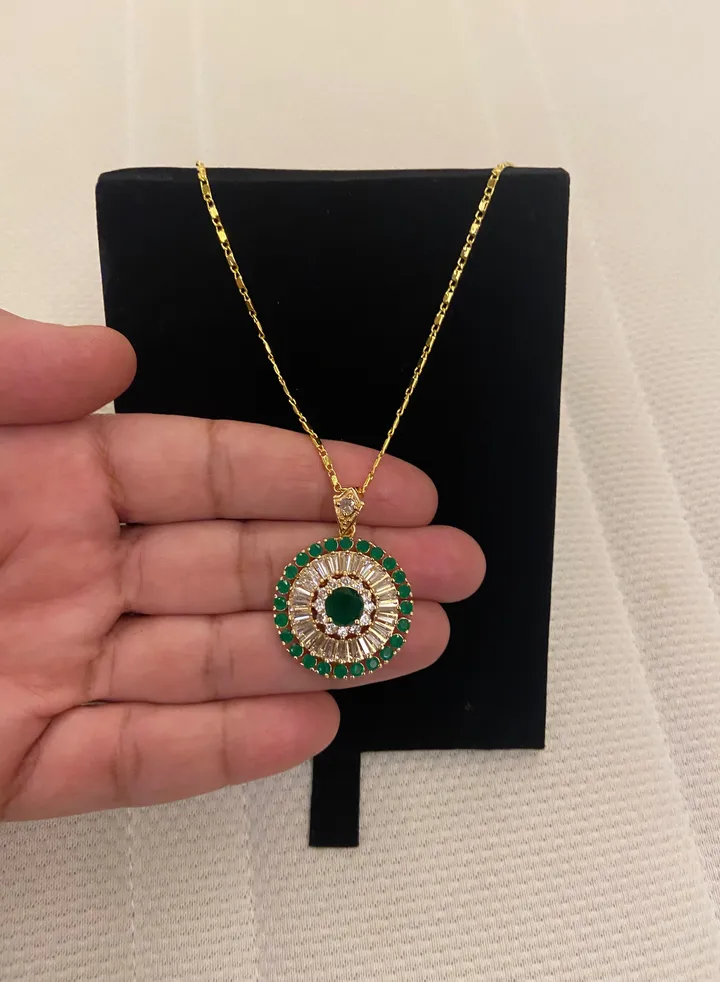 Natural Emerald Necklace Pendant Cubic Zircon 16" For Women