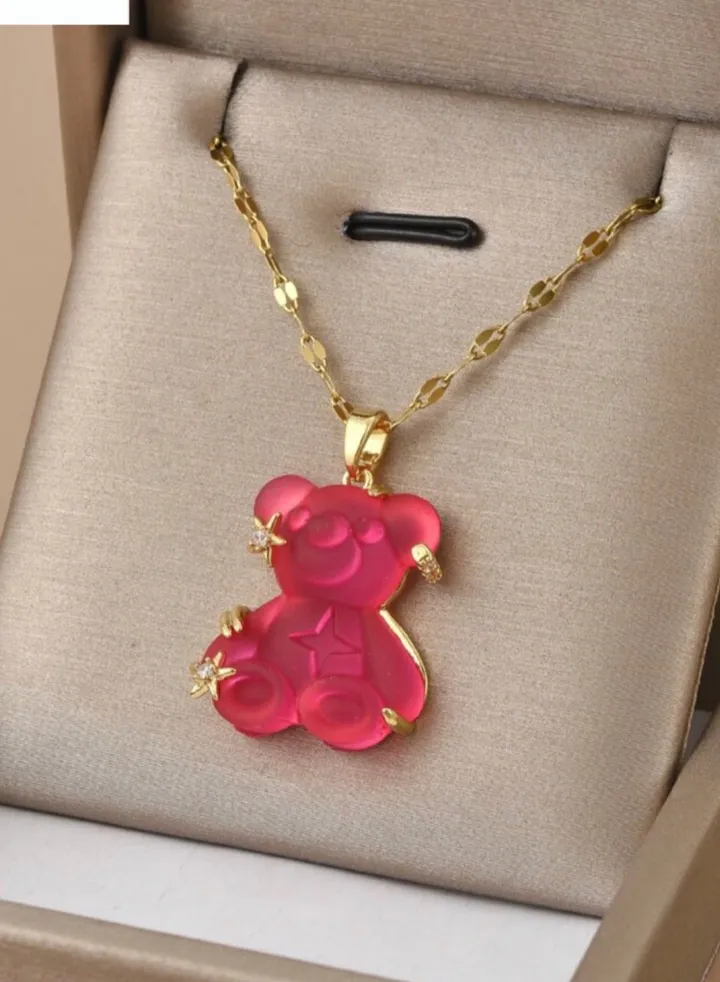 Elegant Stainless Steel Gold Plated Necklace With Bear Pendant