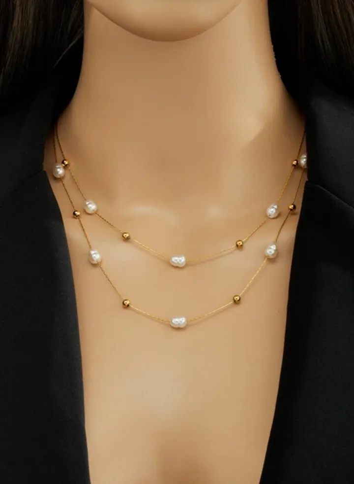 Trendy Stainless Steel Gold Plated Necklace For Women With Natural Pearl Stones
