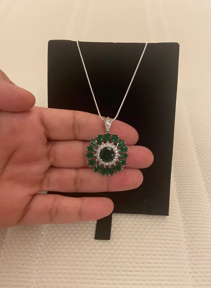 Natural Emerald Necklace Pendant Cubic Zircon 16" For Women