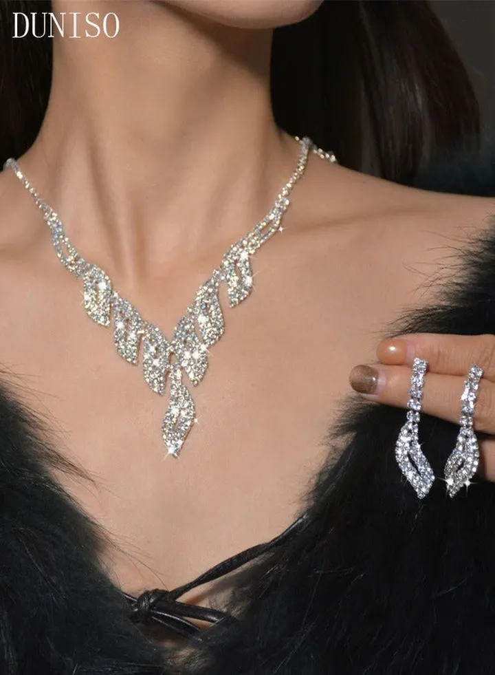 2Peice Necklace and Earrings Set Full Diamond V Neck Necklace Crystal Earrings Wedding Bridal Bridesmaid Costume Jewelry Set for Women and Girls Dress Accessories