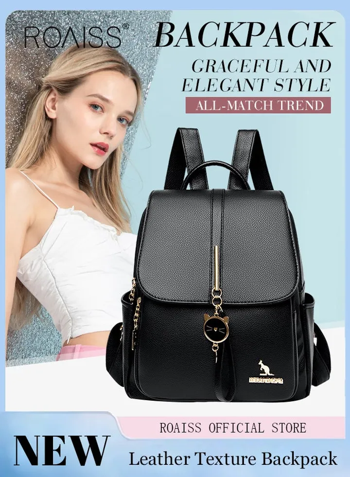 Women Leather Backpack with Cowhide Pattern Creative Cat Decoration Fashionable Travel Bag Short Distance Luggage Bag