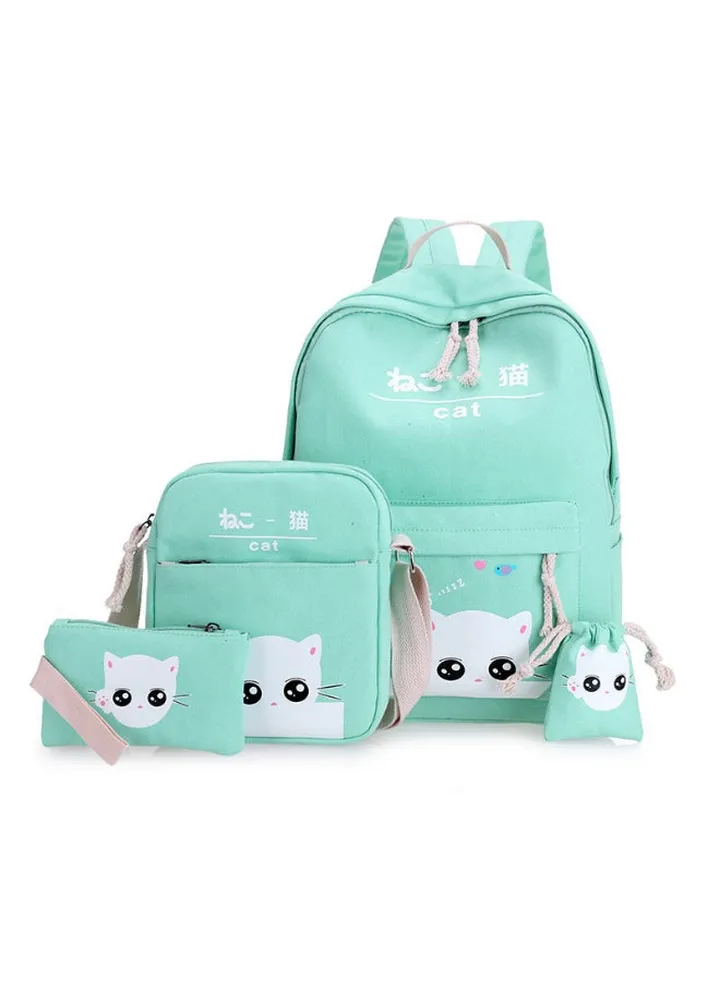 4 Pack Cartoon Printed Backpack Set Green