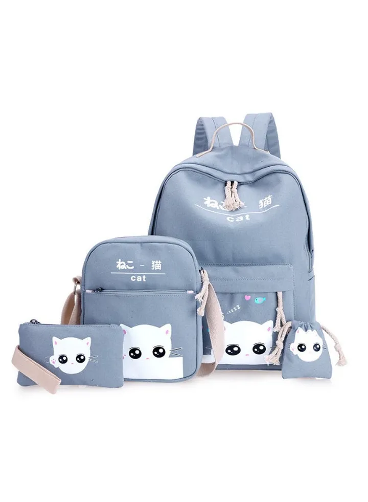 4 Pack Cartoon Printed Backpack Set Grey