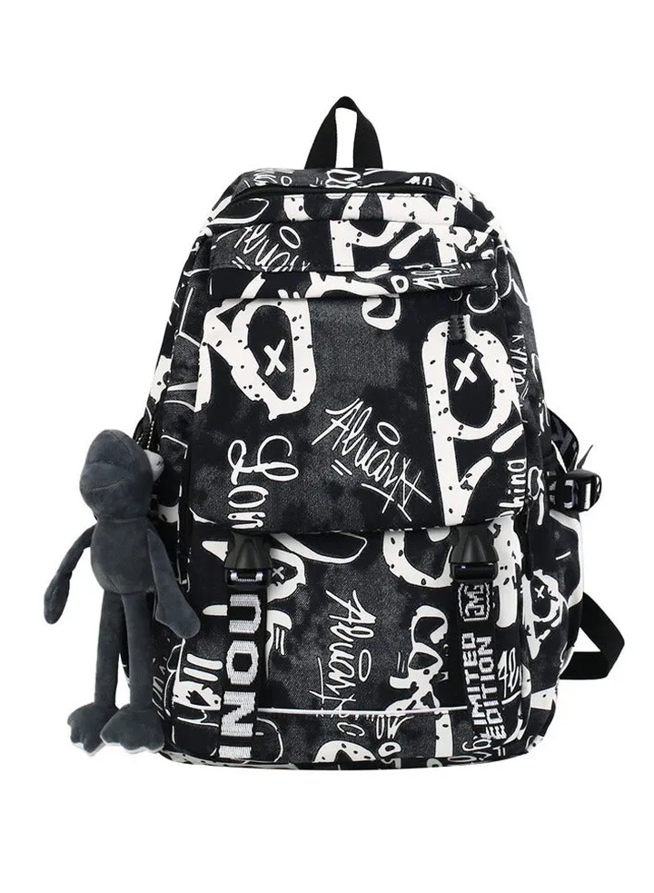 Trendy Graffiti Style Backpack Large Capacity Durable Smooth Zipper Comfortable Fabric Adjustable Shoulder Strap