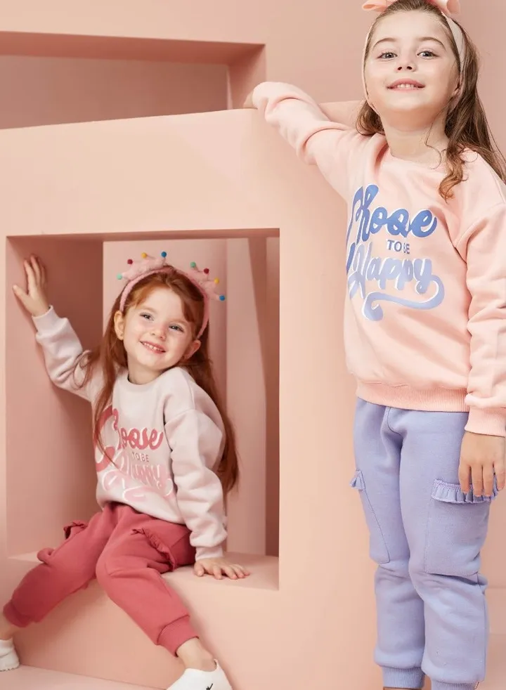 Girls Printed Cotton Set of sweatshirt and pants - Rose & Burgundy