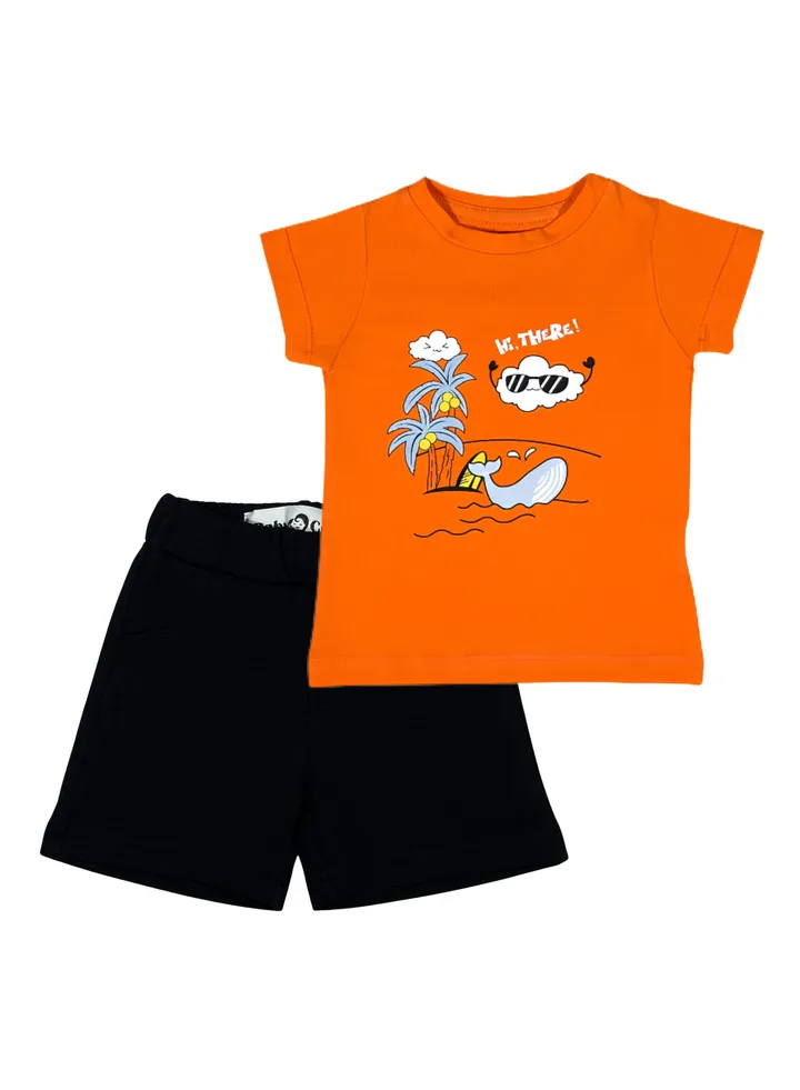 Summer Orange Cotton Set (Orange Summer T-shirt + Black Shorts)