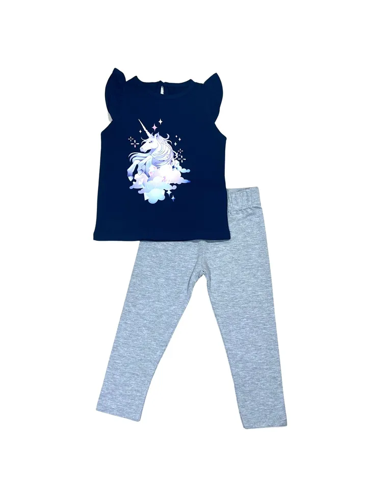 Unicorn cotton set (Blue t-shirt + Light grey leggings)