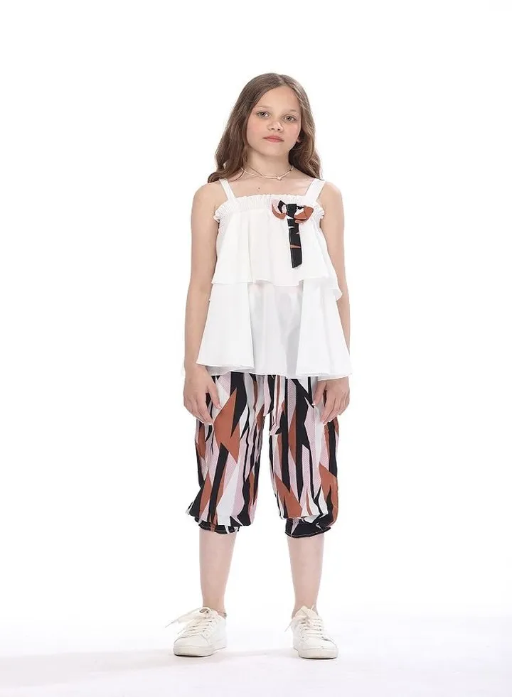 sleeveless white Tshirt with multicolor Bermuda for girls