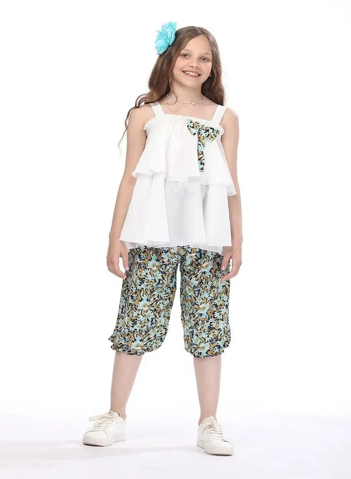 sleeveless white Tshirt with Floral bermuda for girls