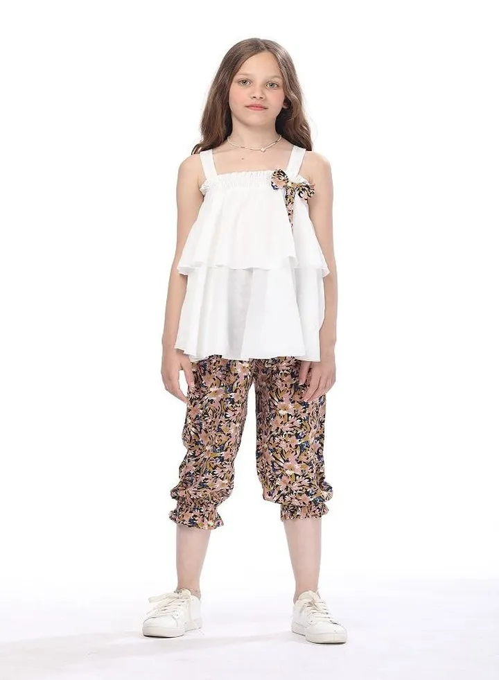 sleeveless white Tshirt with Floral bermuda for girls
