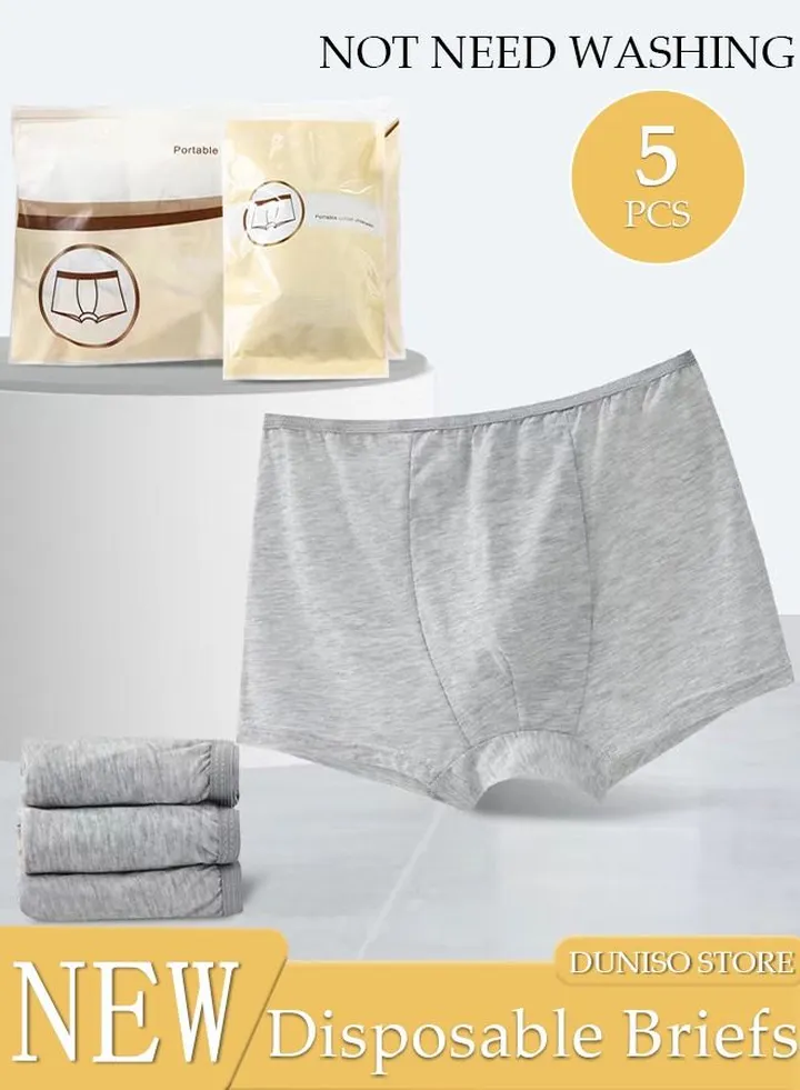 5PCS Men's Disposable Briefs 100% Cotton Disposable Underwear Mid Waist Panties for Business Travel Hospital Stays Underpants Grey