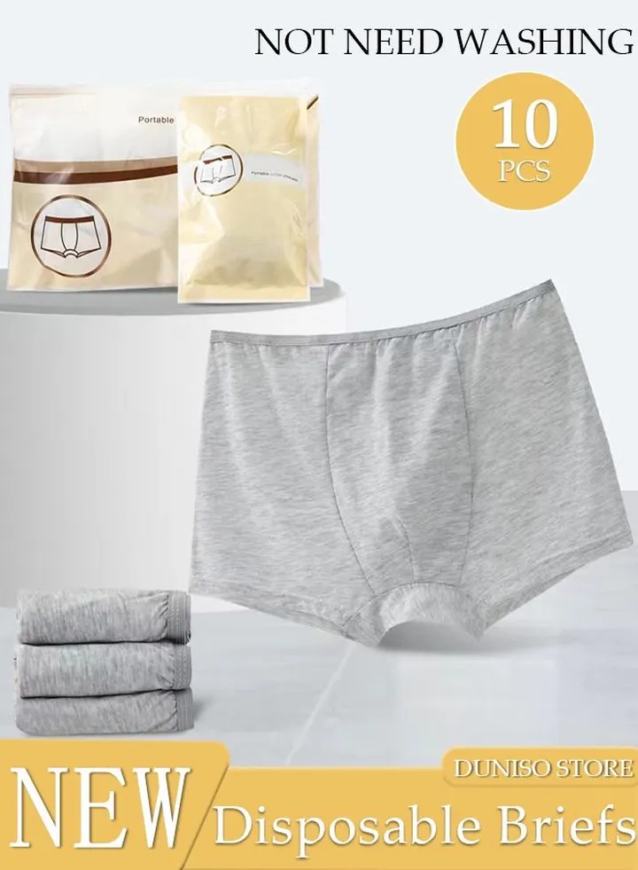 10PCS Men's Disposable Briefs 100% Cotton Disposable Underwear Mid Waist Panties for Business Travel Hospital Stays Underpants Grey