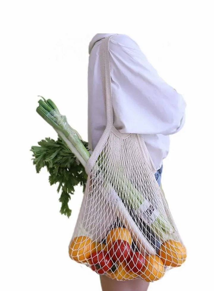 Reusable Produce Cotton Mesh Bag - Natural Cotton Net String Shopping Tote Bag,Long Handle,2PC