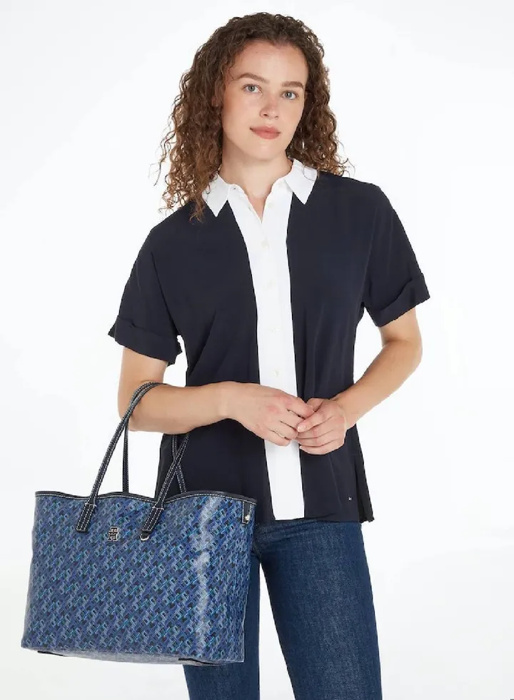 Women's Removable Laptop Pouch Tote - Pure cotton, Blue