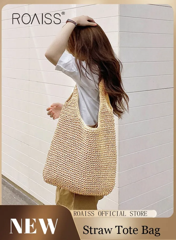 Women Straw Woven Shoulder Bag Summer Beach Travel Crossbody Handbag Classics Satchel Purse Woven Handbags Women Straw Tote Bag with Zip