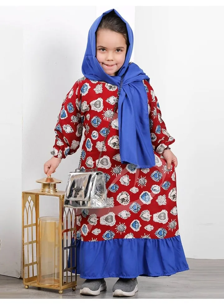 Girls' Prayer Dress Made Of Viscose Cotton With A Veil ,Blue -Red